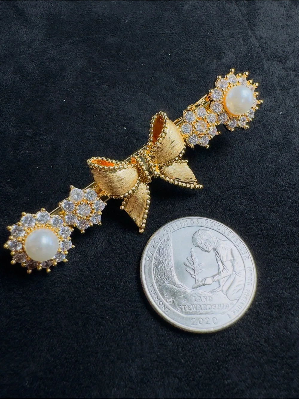 Gold Bow Pearl & Crystal Hair Clip - Women Accessories
